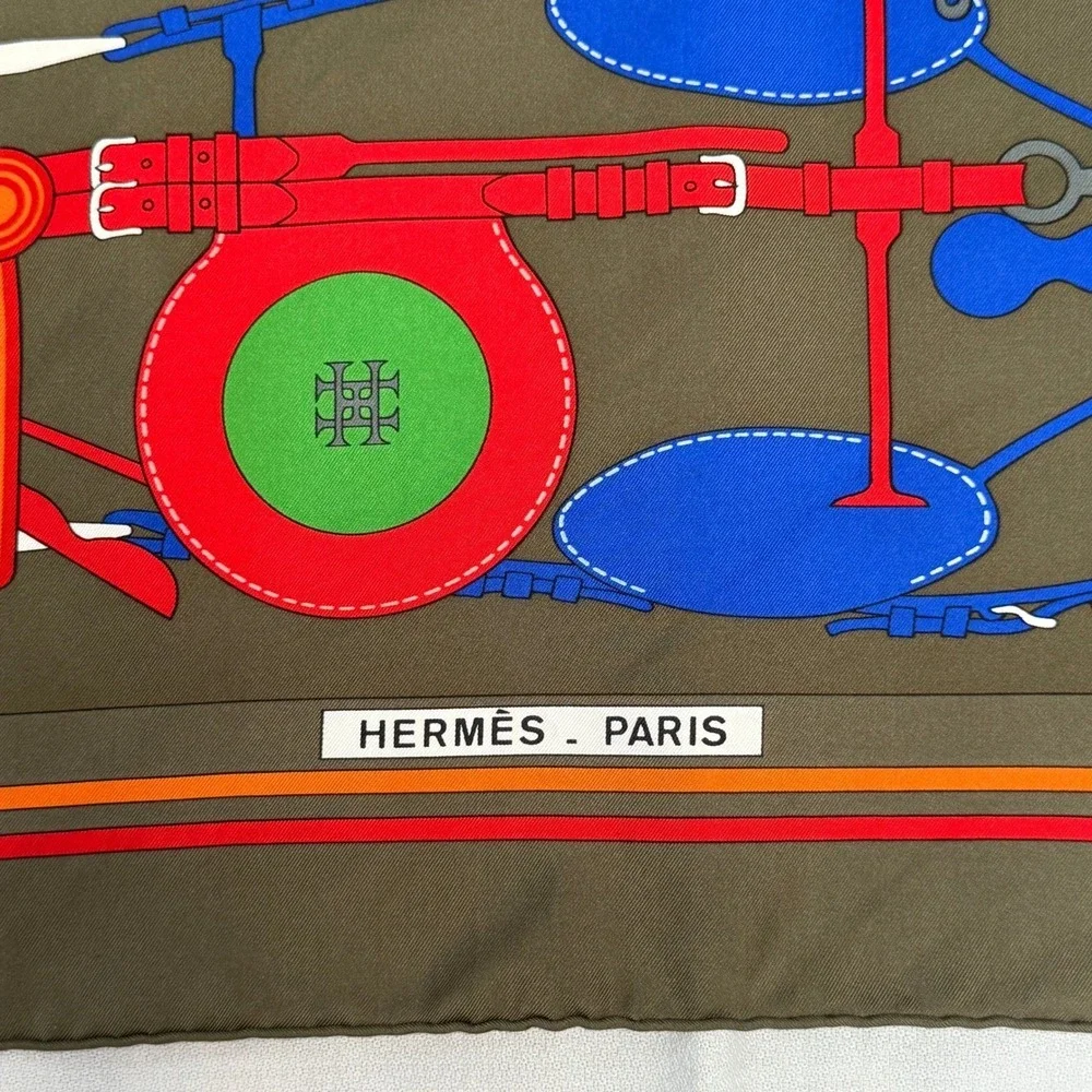 Hermes Brides et Frontaux Silk Scarf Women 90cm Green Excellent Equestrian Print
